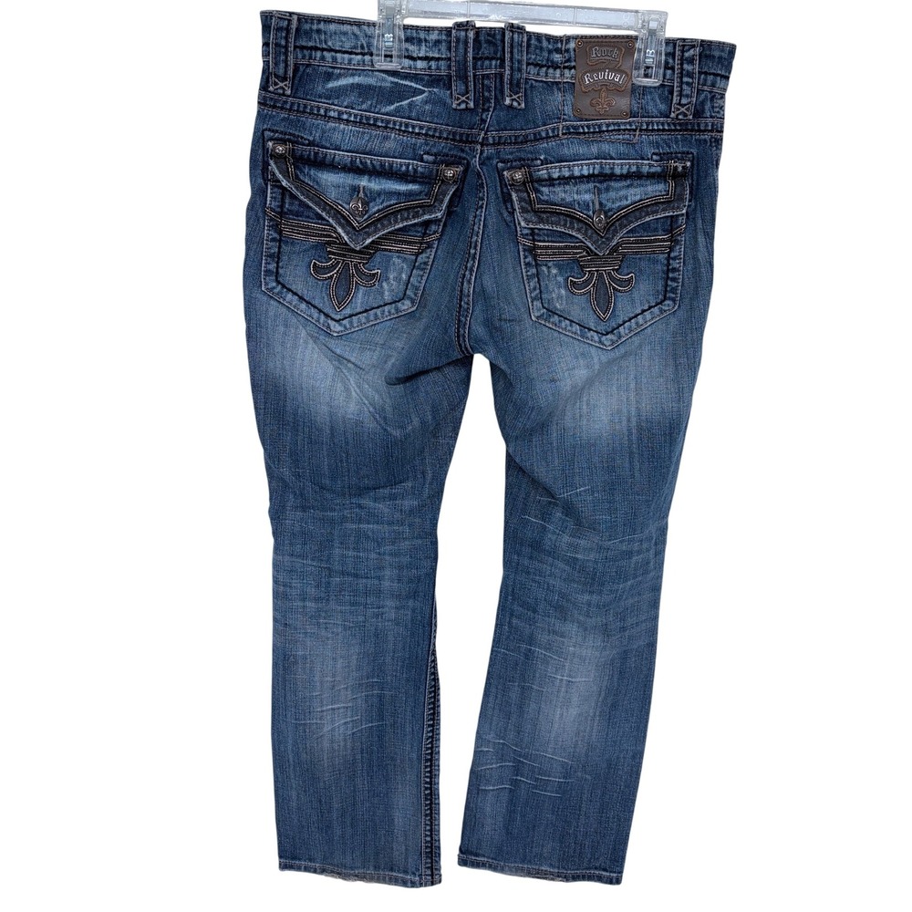 Rock Revival Chopper Straight Blue Jeans Size 36‎ Mens Denim Embroidered Pockets